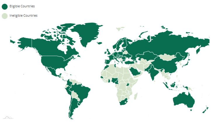 A map showing eligible countries for Dubai's Virtual Company Licence
